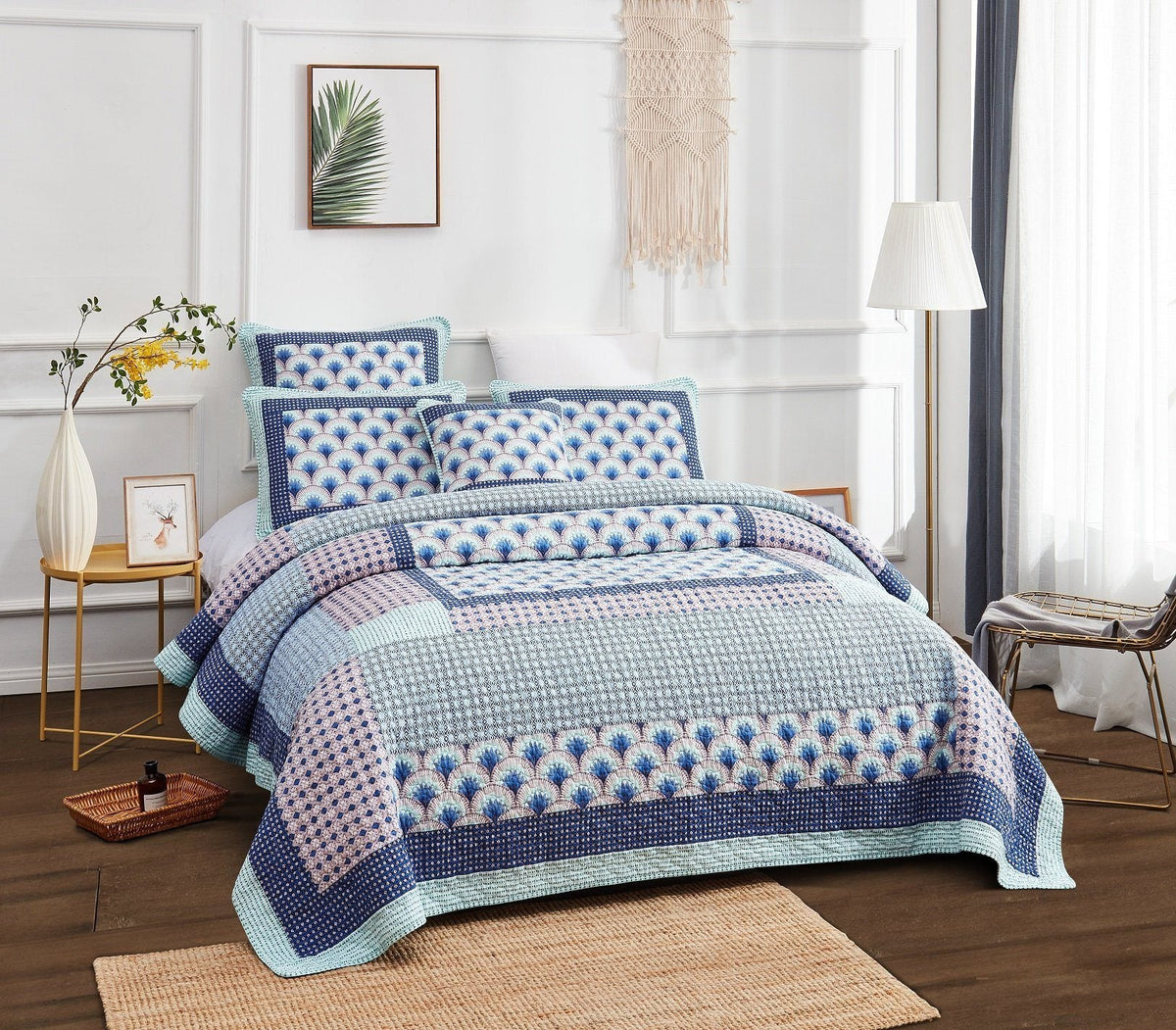 Blue and green Mediterranean patchwork quilted bedspread set.