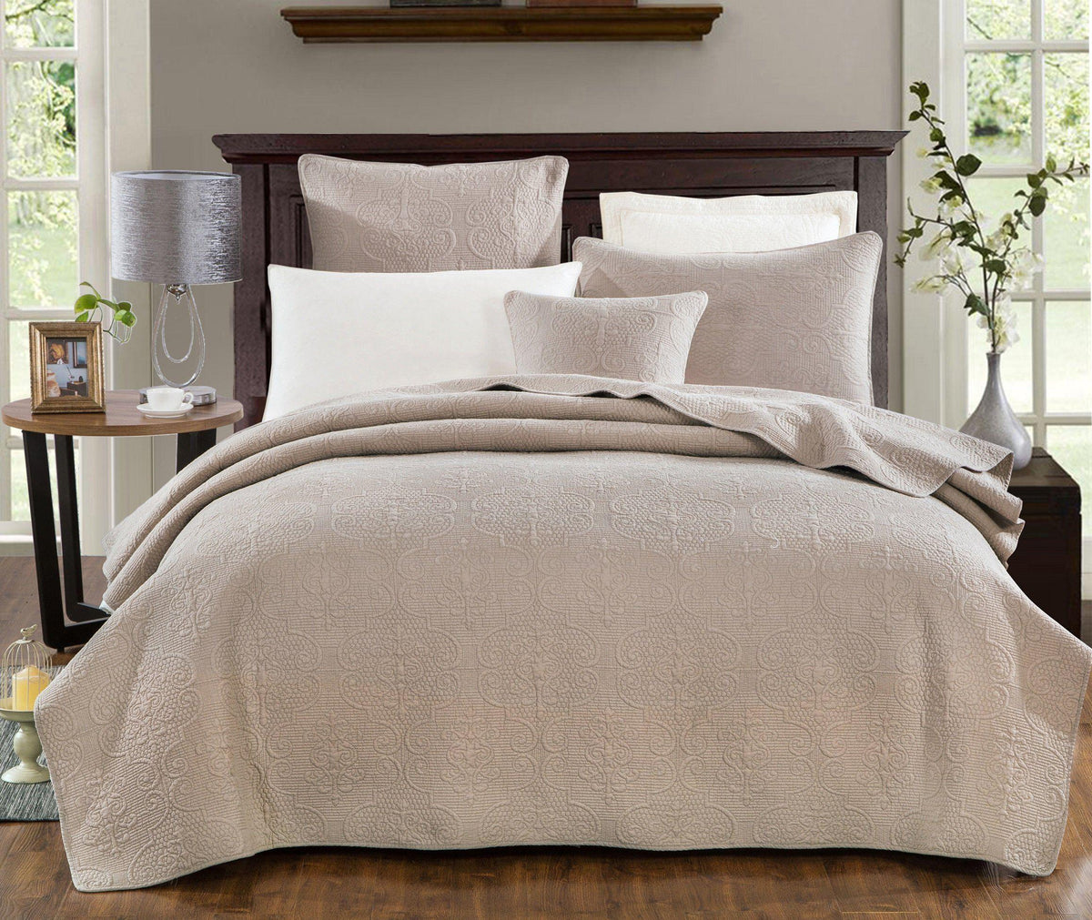 Taupe beige matelasse quilted bedspread set with matching shams.
