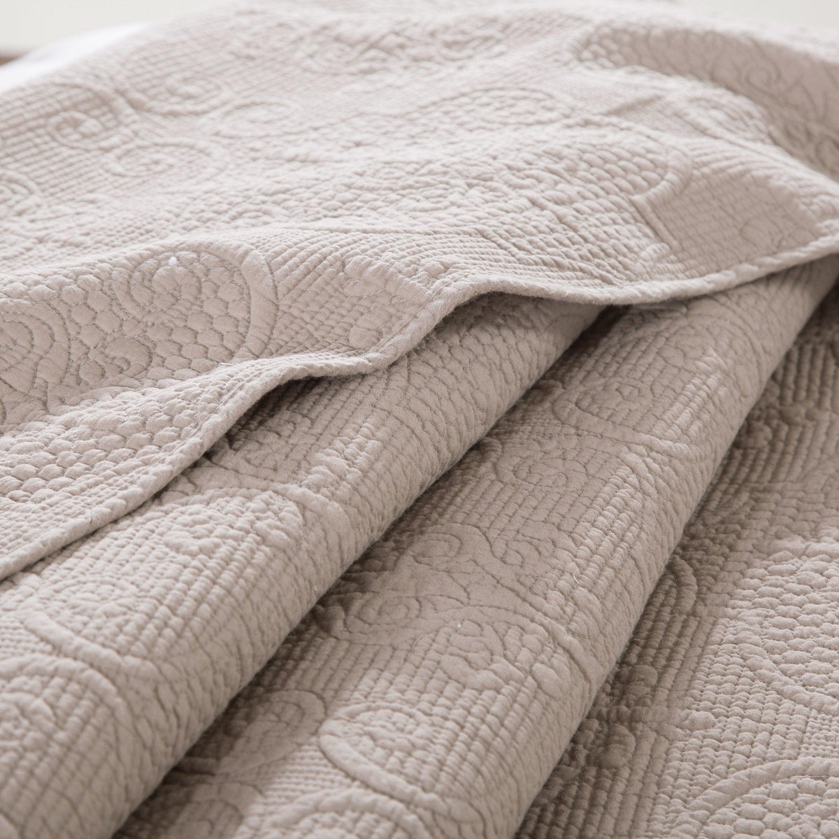 Elegant taupe beige matelasse cotton quilted bedspread set detail