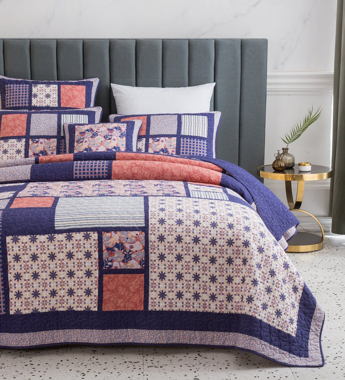 Peachy pink, plum purple floral patchwork quilted bedspread set.