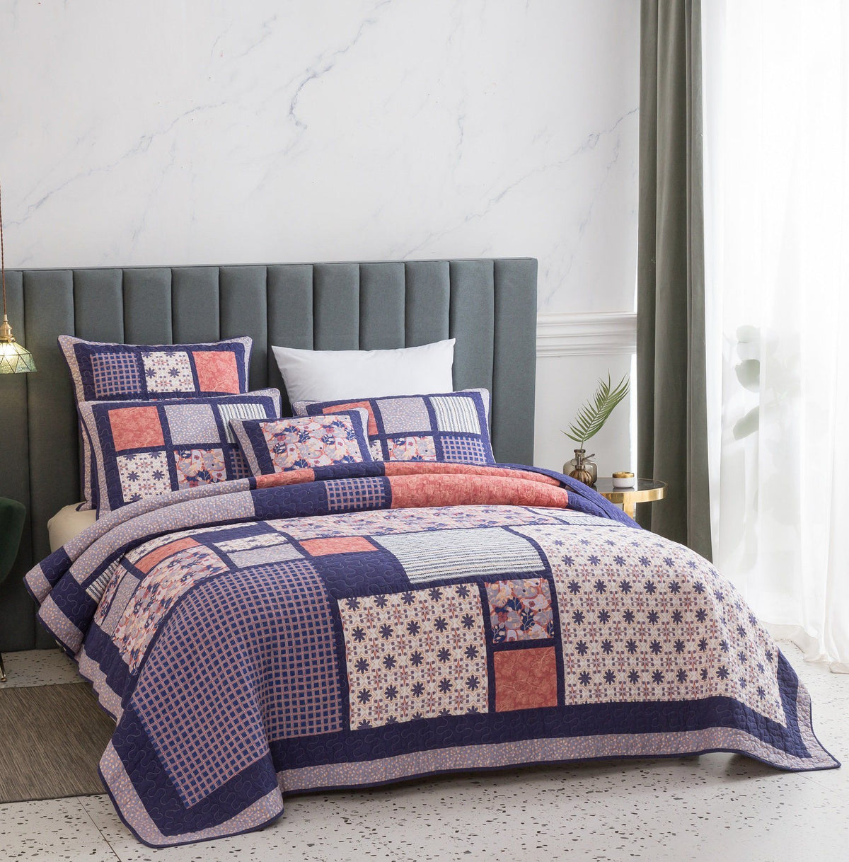 Peachy pink plum purple floral patchwork quilted bedspread set detail