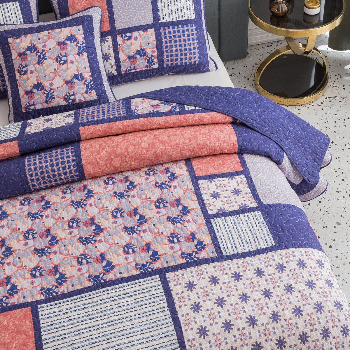 Peachy pink, plum purple floral patchwork quilted bedspread set