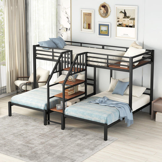 Metal Twin Over Twin & Twin Bunk Bed With Storage Shelves