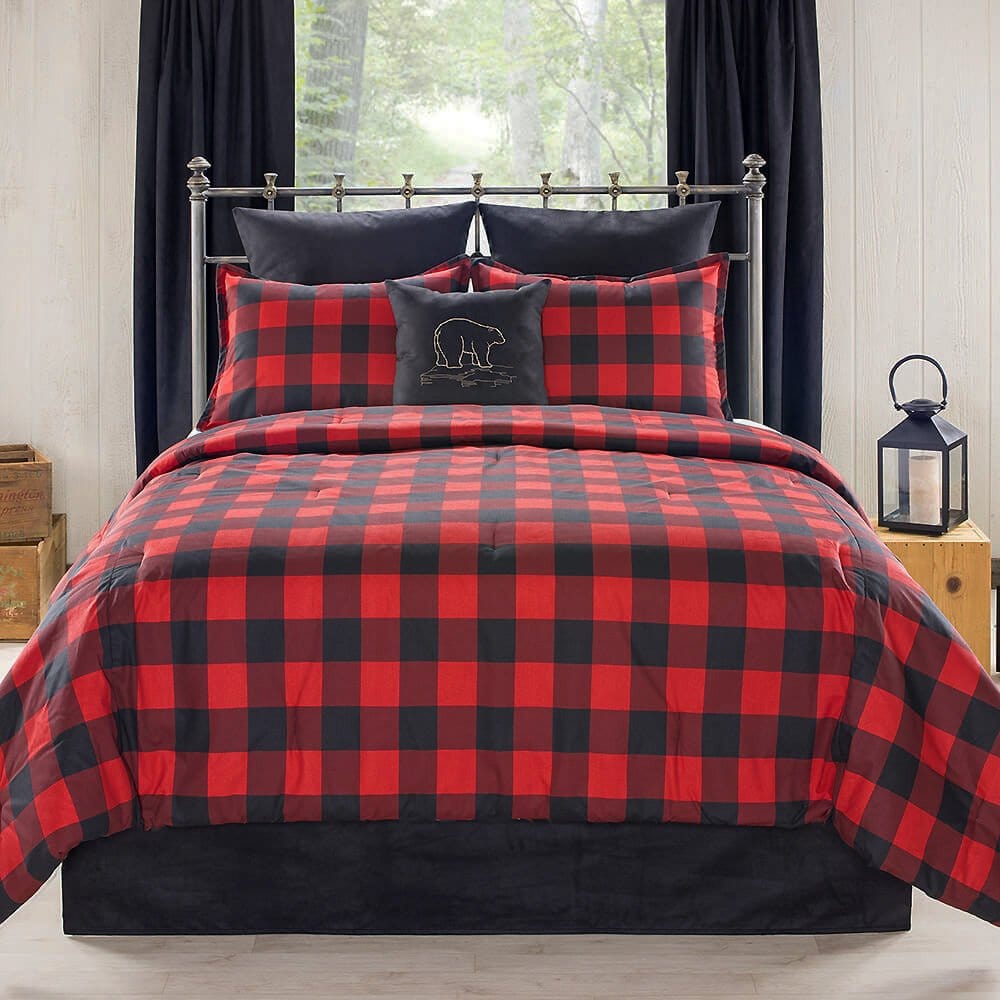 Cozy Black Bear Plaid Quilt Set features classic red and black buffalo plaid, perfect for a rustic lodge aesthetic.