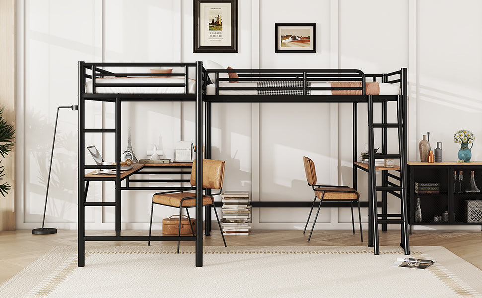 Twin Size Metal Loft Bed With Two Built-in Desks Black