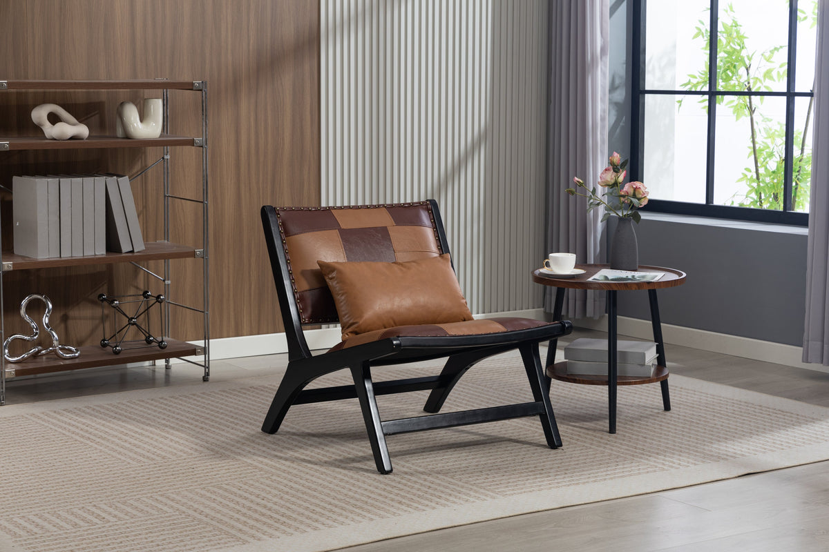 Brown PU leather armchair with modern boho Scandinavian style.