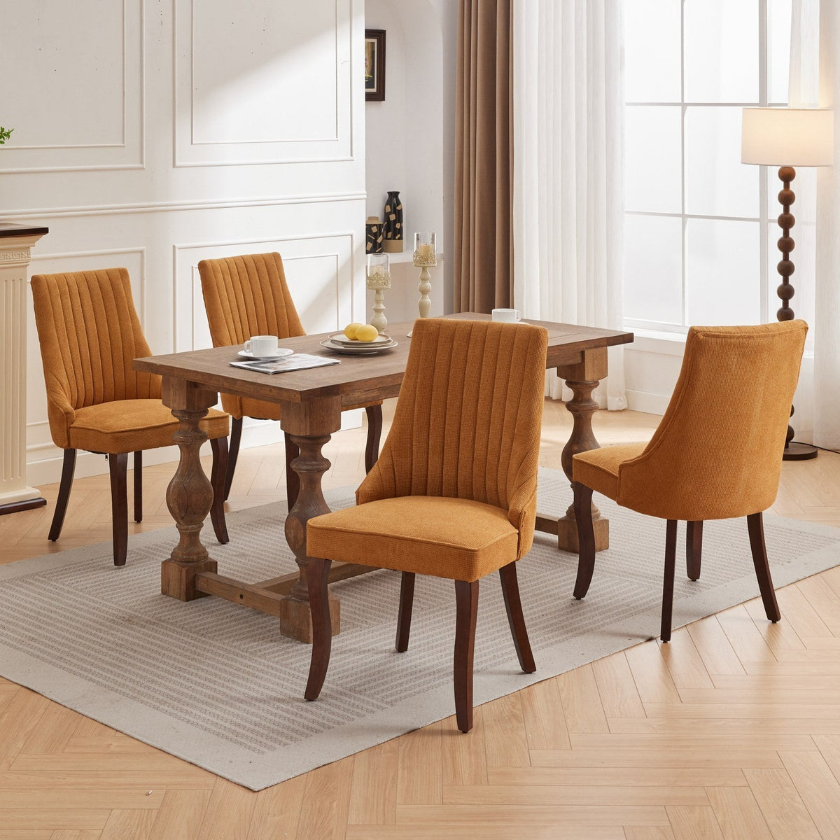 Set of 2 rayon flocking linen dining chairs with high back support in beige.
