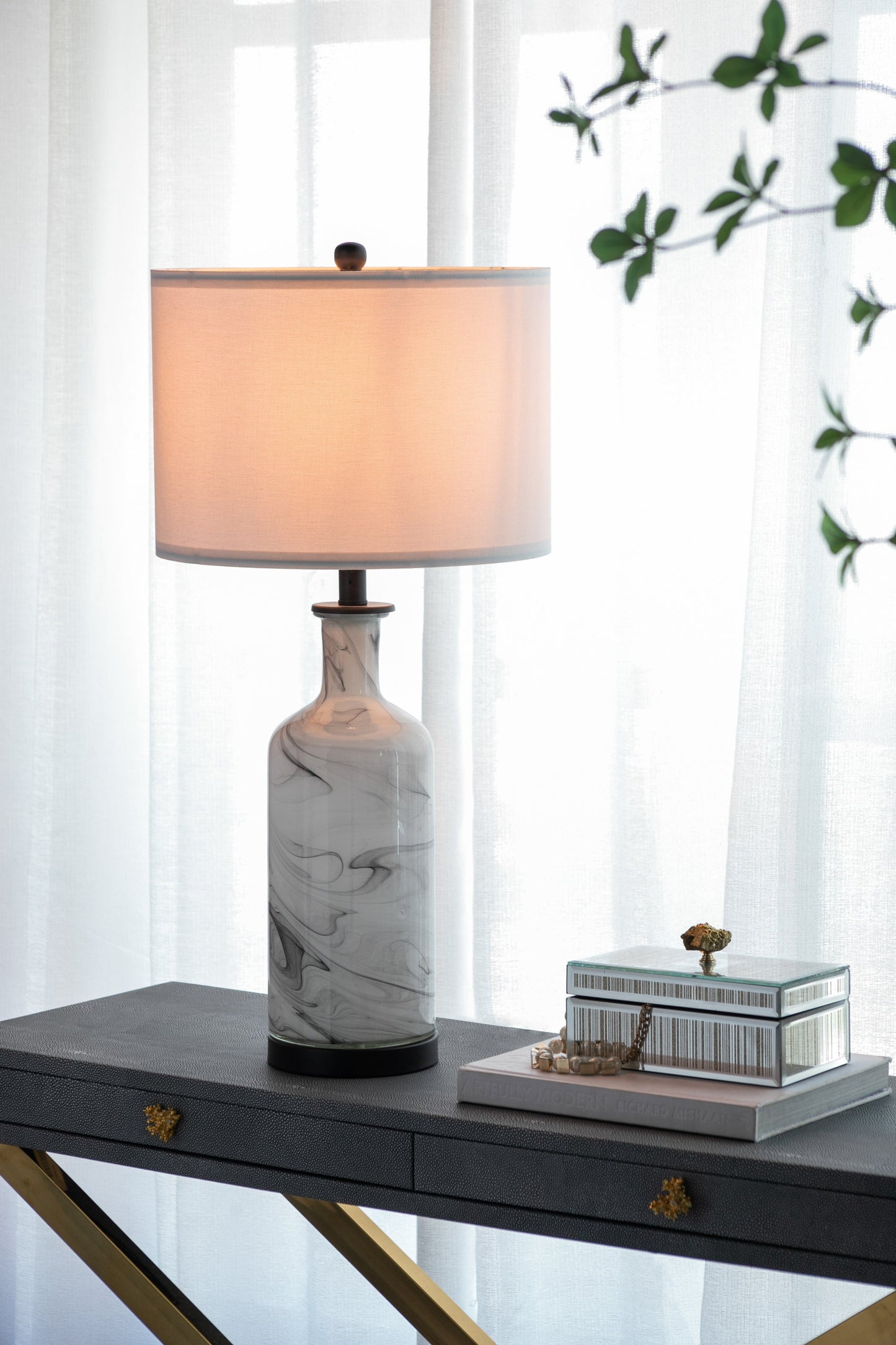 Sarris Modern Gray White Swirl Glass Table Lamp Linen Shade