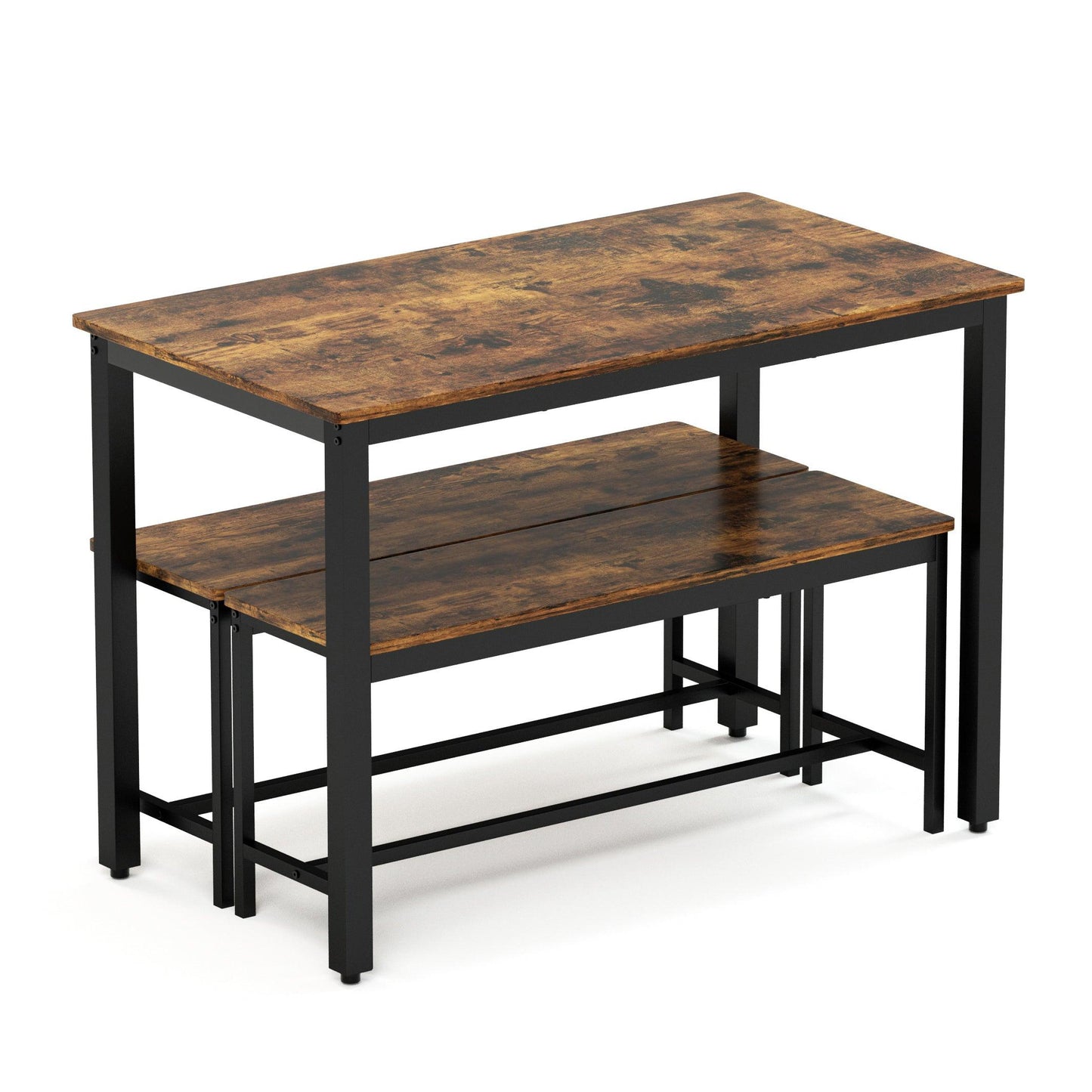 Rustic Industrial Dining Table Set with Benches for Kitchen, Living Room, and Party Spaces - Space-Saving Design, Easy Assembly, 4-Person Capacity