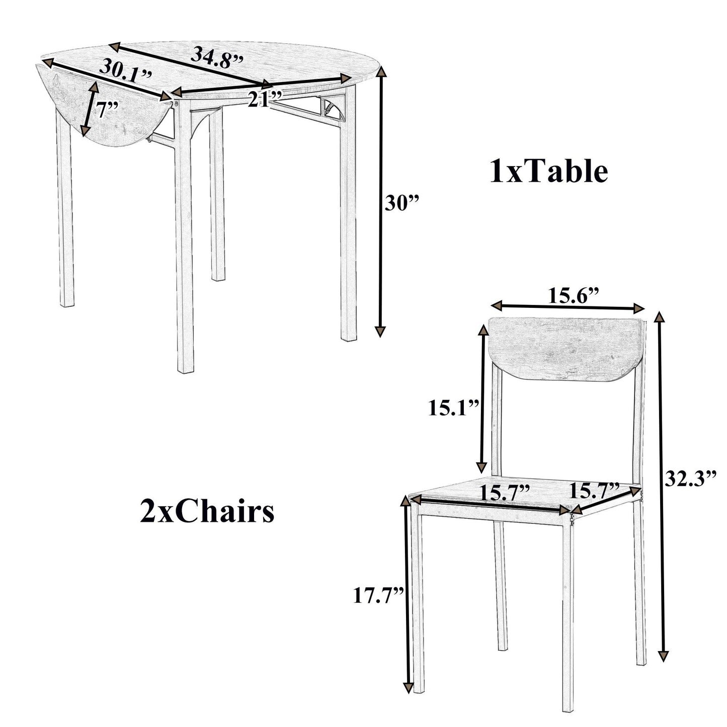 Compact 3-Piece Round Dining Set with Foldable Table