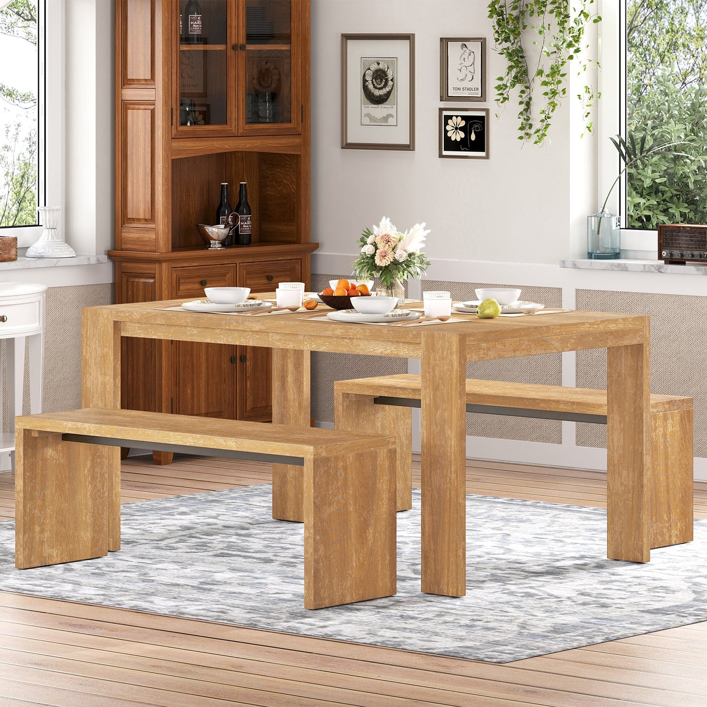 Farmhouse Style Simple Dining Set with Table and Benches