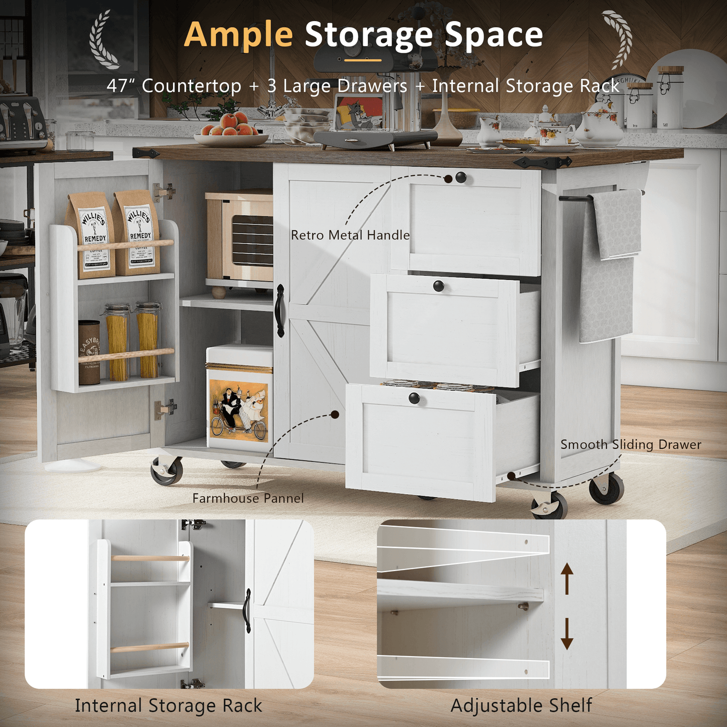 54.5" Rustic Farmhouse Kitchen Island with Power Outlet and Storage, Rolling Cart with Drop Leaf and Spice Rack, White Wood Finish