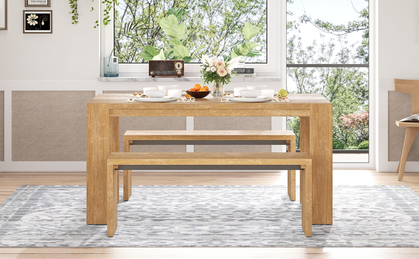 Farmhouse Style Simple Dining Set with Table and Benches