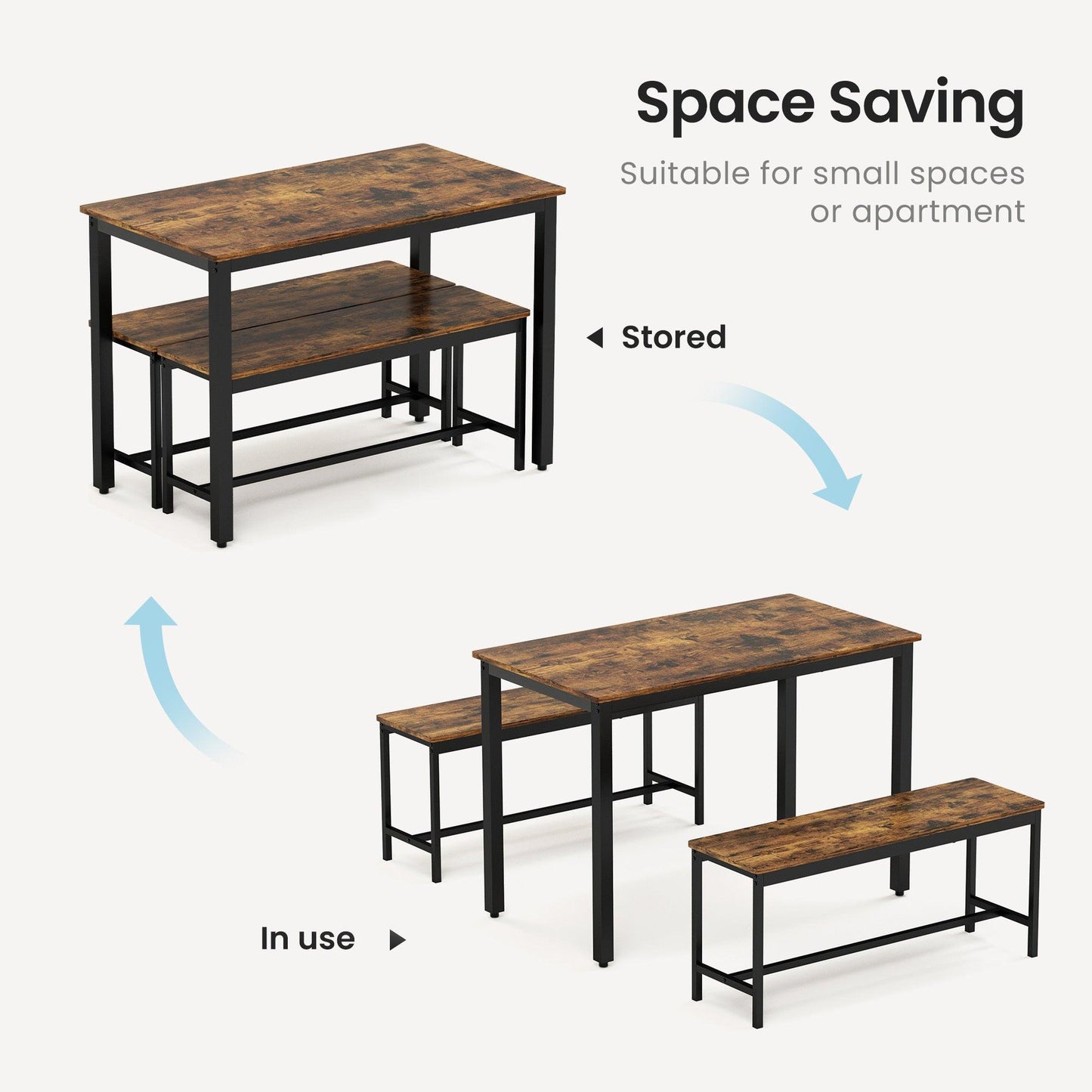 Rustic Industrial Dining Table Set with Benches for Kitchen, Living Room, and Party Spaces - Space-Saving Design, Easy Assembly, 4-Person Capacity