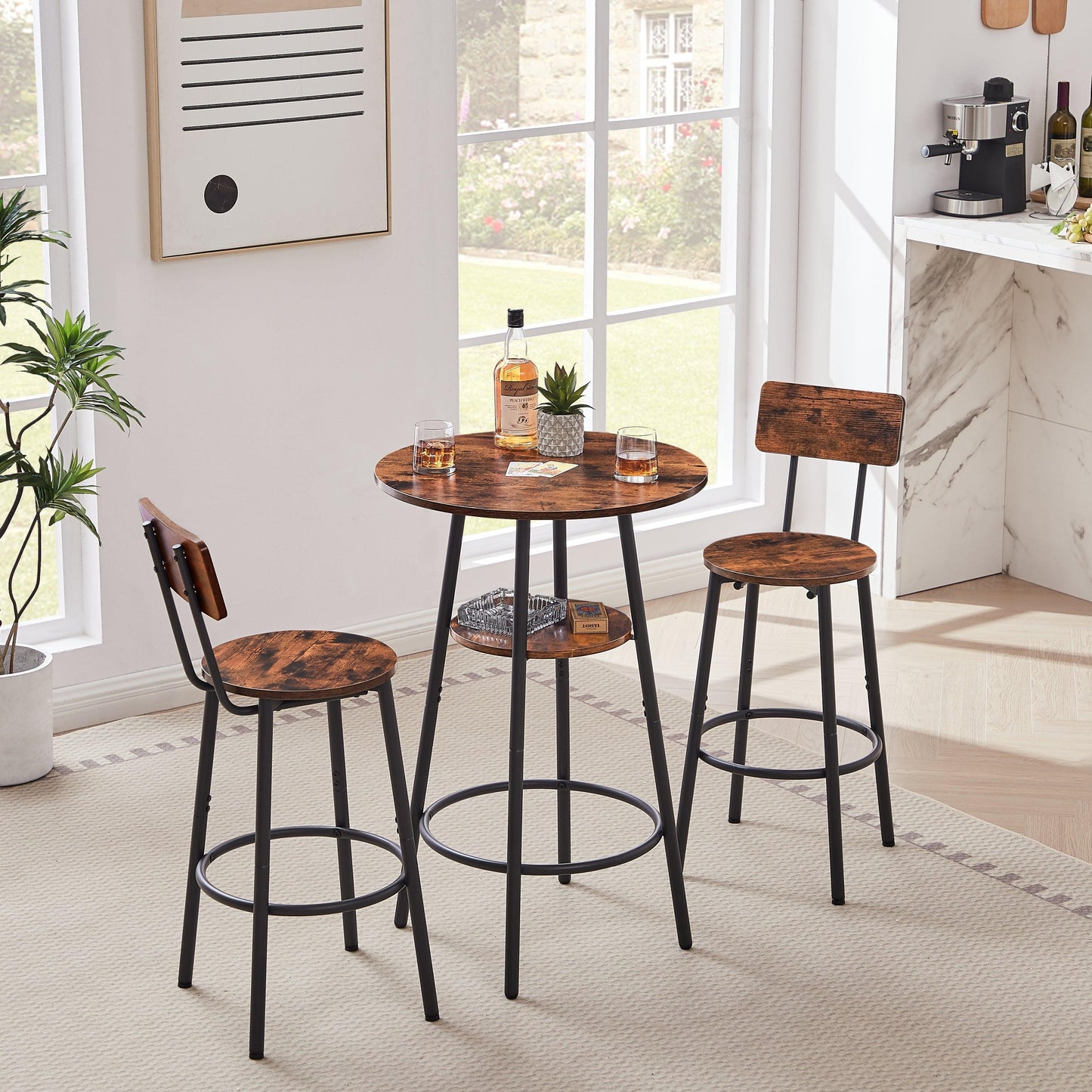 Rustic Brown Round Bar Stool Set with Circular Shelf and Backrest, 23.6'' Dia x 35.4'' H