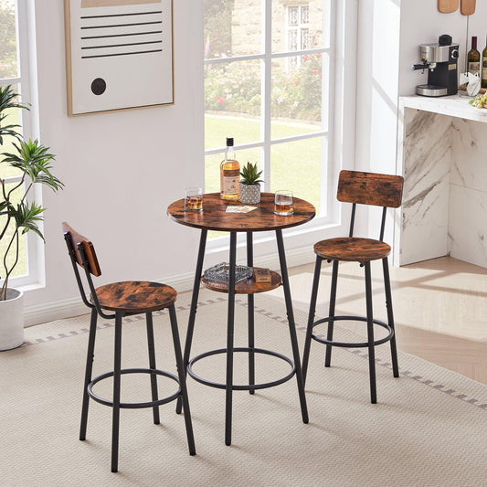 Rustic Brown Round Bar Stool Set with Circular Shelf and Backrest, 23.6'' Dia x 35.4'' H