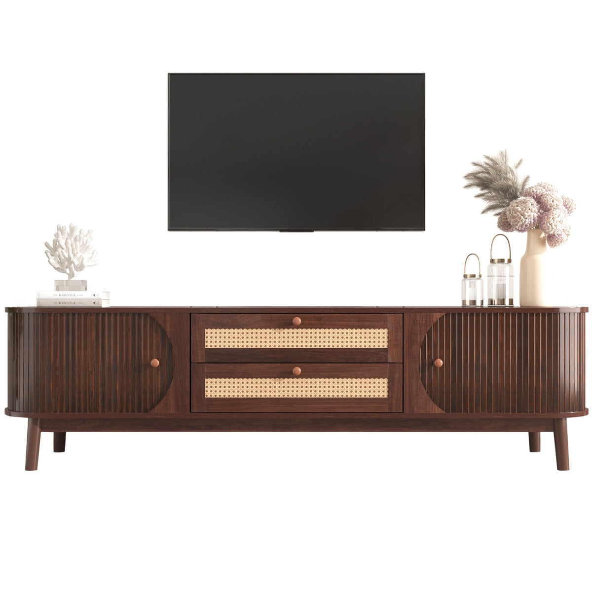 Modern farmhouse rattan TV stand in natural wood finish, 60-69 inches, for TVs up to 75 inches.