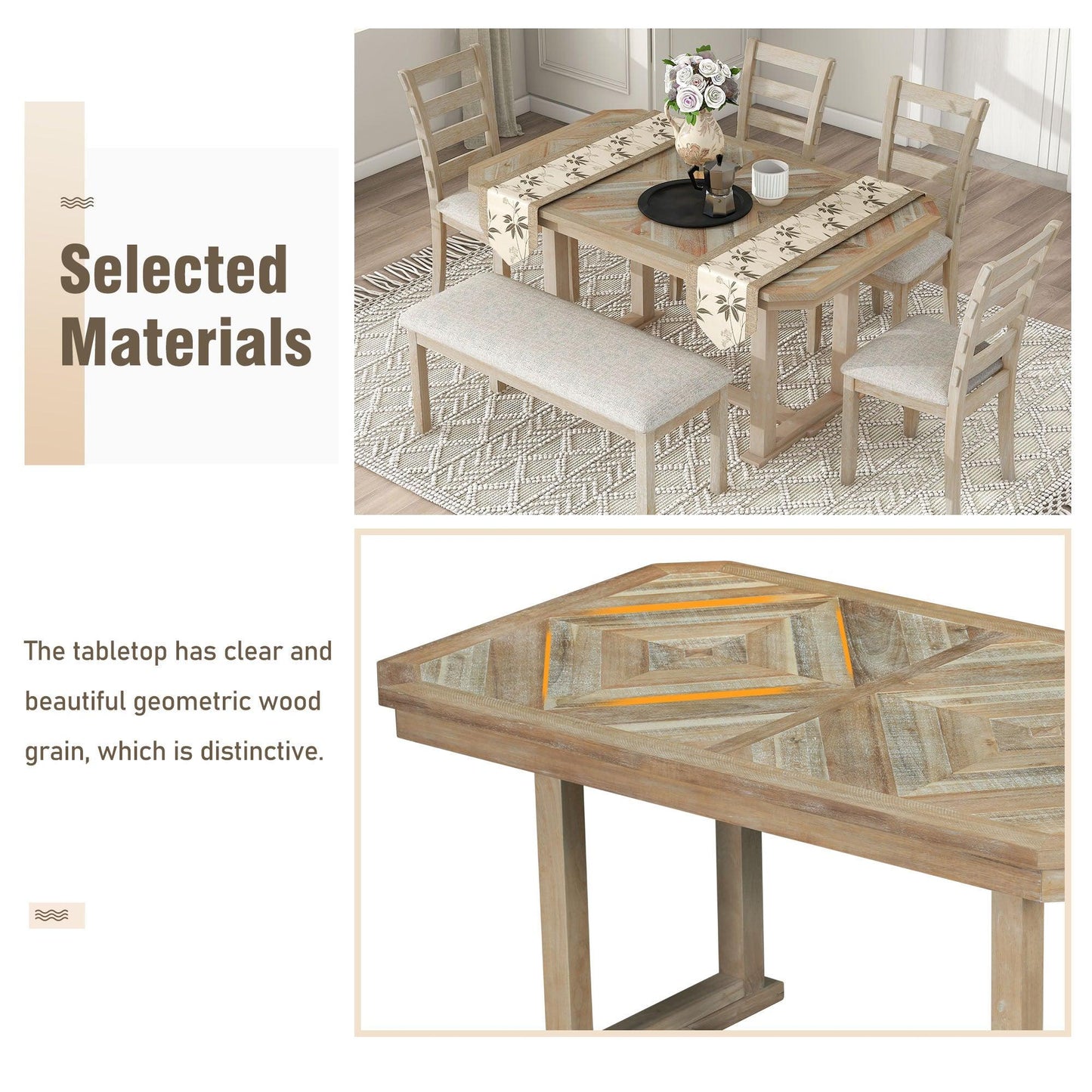 6-Piece Rubber Wood Dining Table Set with Soft Cushions