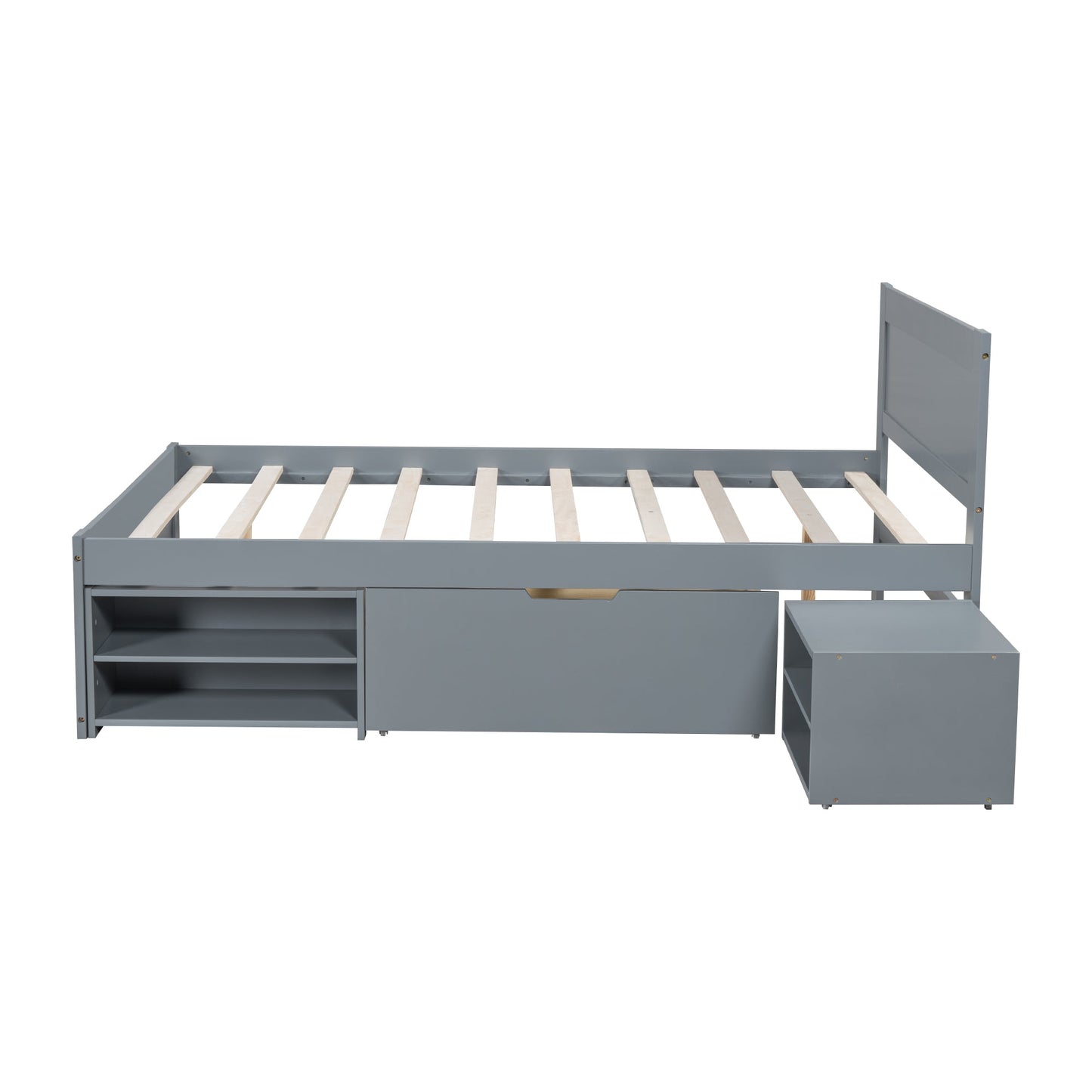 Full Size Platform Bed With Drawer And Two Shelves, Gray