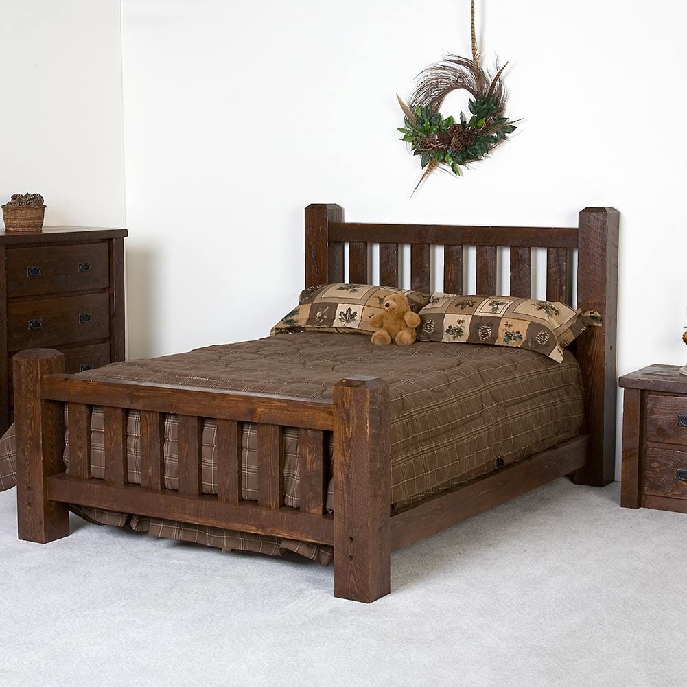 Caldwell Brook Old-Style Barnwood Bed offers rustic charm with a sturdy design, perfect for a cozy lodge bedroom.