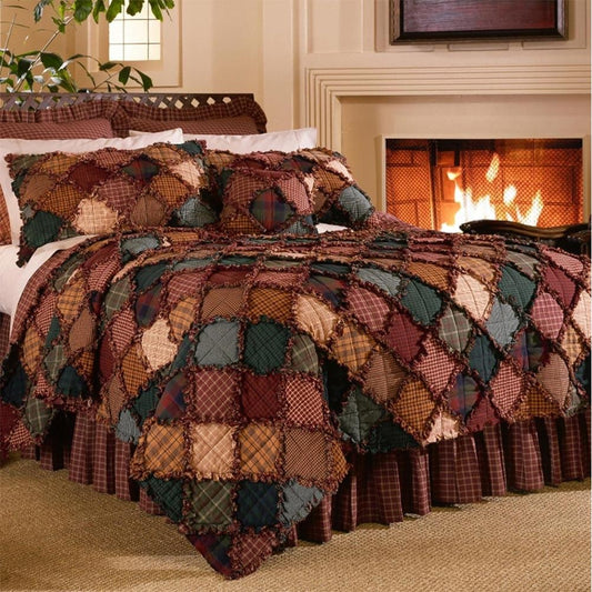 Cozy Campfire Quilt Set featuring earthy plaids in brown, green, rust, and gold for warmth and beauty.