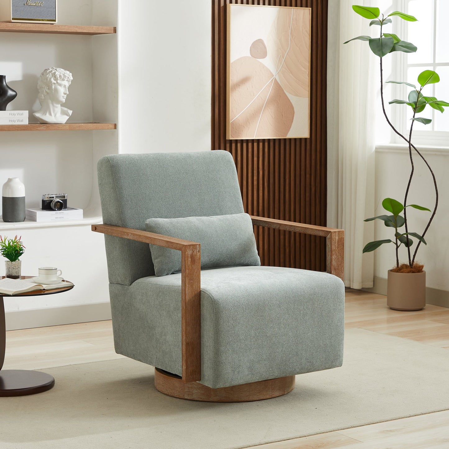 Contemporary Swivel Accent Chair with Solid Wood Armrests and Linen Blend Upholstery