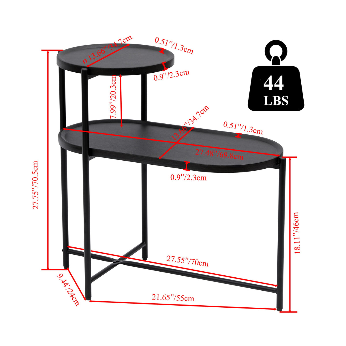 Two-tier round coffee table with oval storage tray, modern design.
