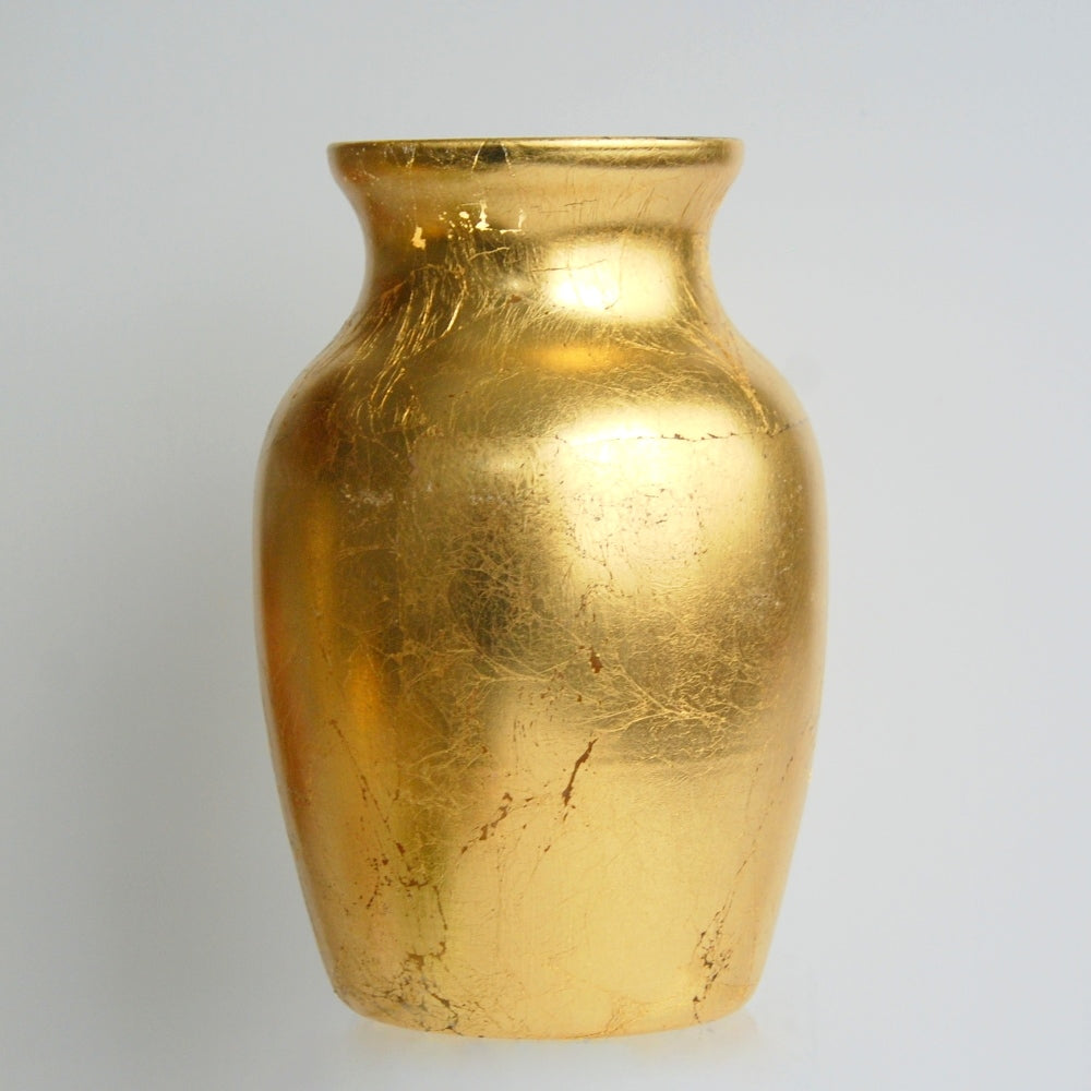 Gold Greek style flower vase with distressed finish, 7 inches tall.