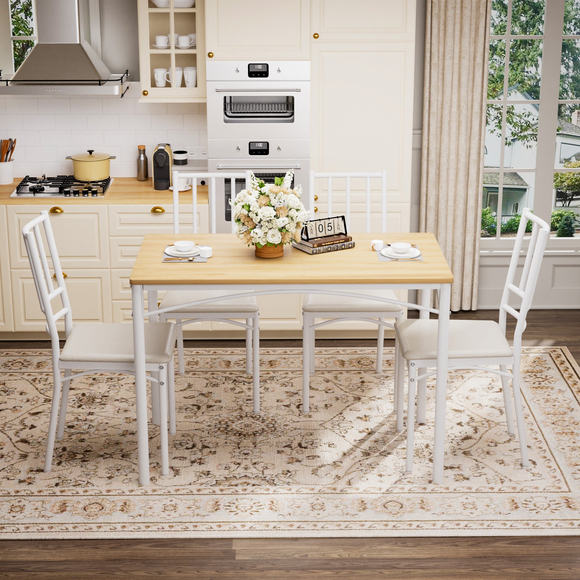 Industrial bar table set with natural white finish and four benches.