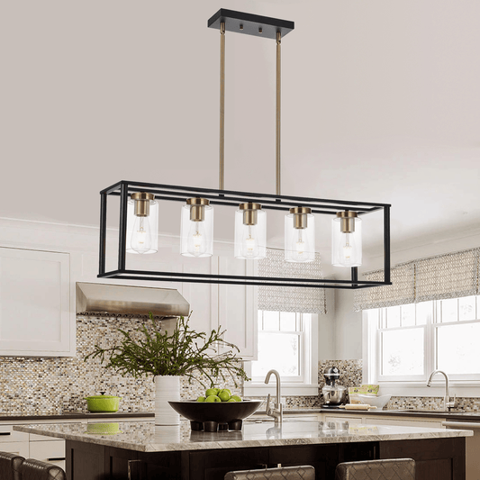 5-Light Distinctive Industrial Farmhouse Rectangular Pendant Chandelier with Clear Glass Shade in Antique Brass and Matte Black Finish for Dining Room and Kitchen Island