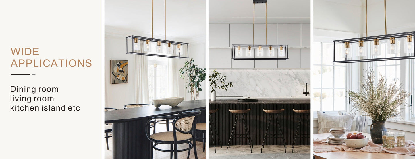 5-Light Distinctive Industrial Farmhouse Rectangular Pendant Chandelier with Clear Glass Shade in Antique Brass and Matte Black Finish for Dining Room and Kitchen Island