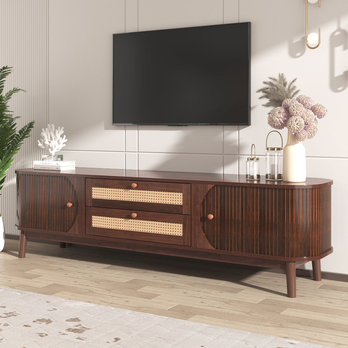Modern farmhouse rattan TV stand in natural wood finish, fits 60-69 inch TVs up to 75 inches.