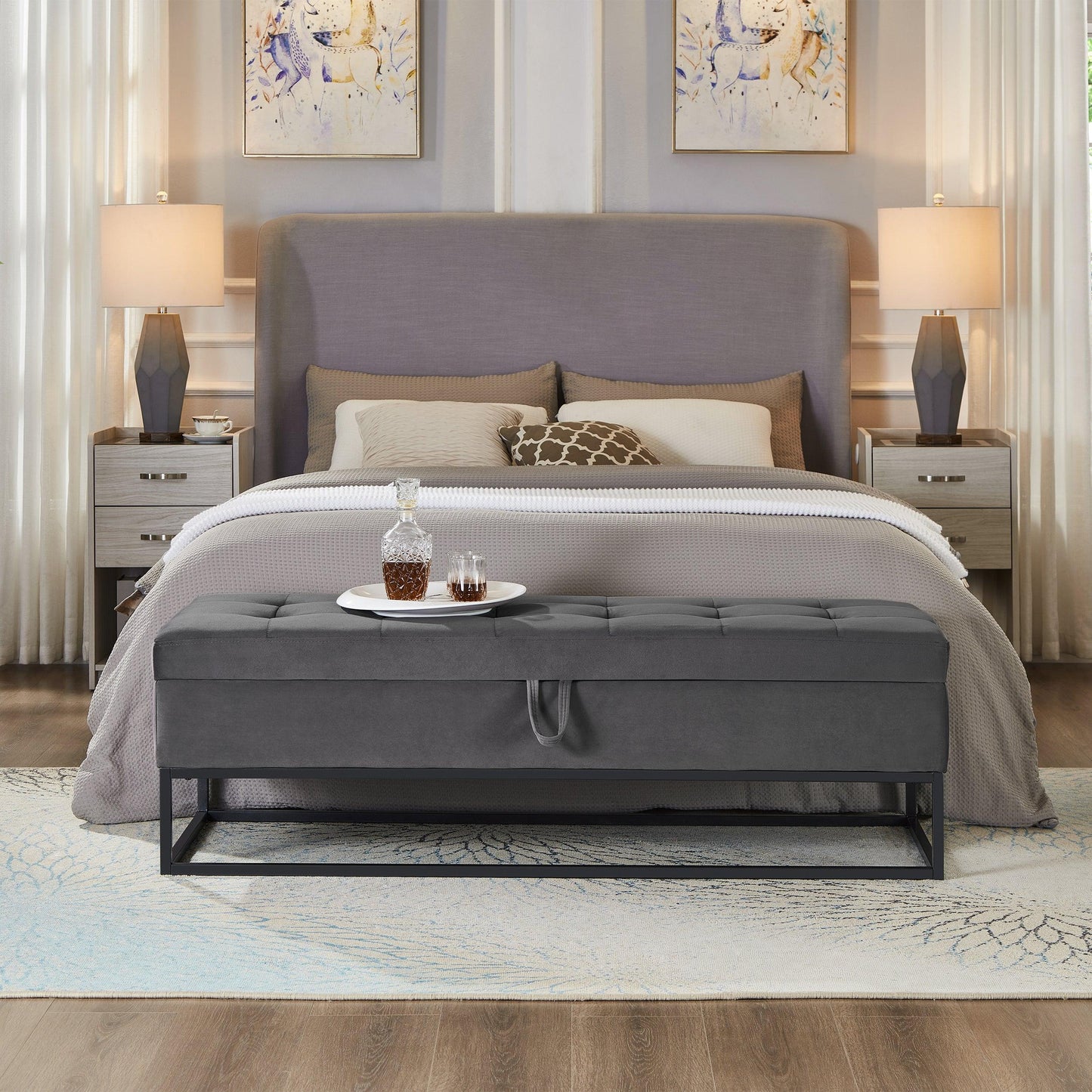 Bed Bench Metal Base with Storage Grey Velvet