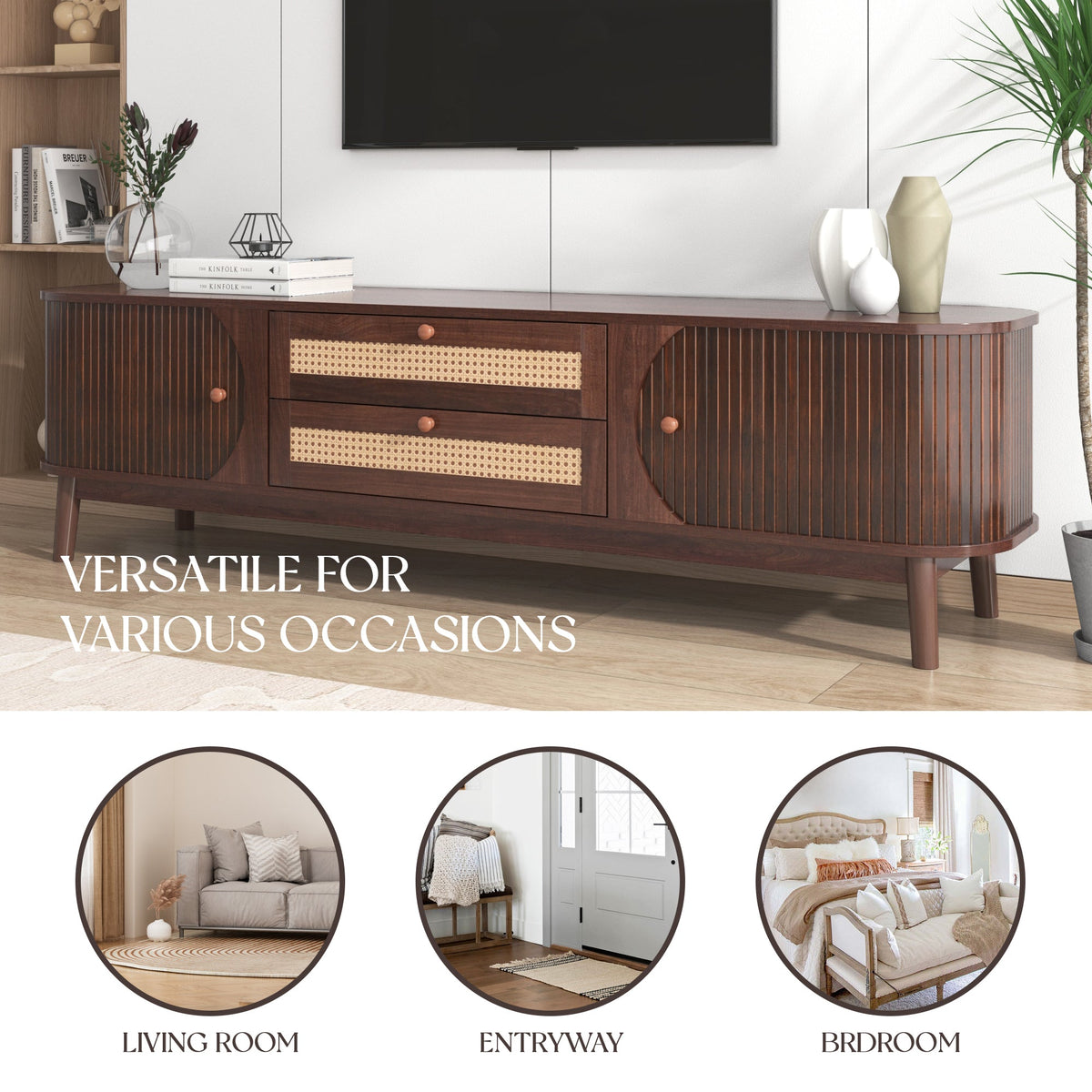 Modern farmhouse rattan TV stand with natural wood finish, fits 60-69 inch TVs.