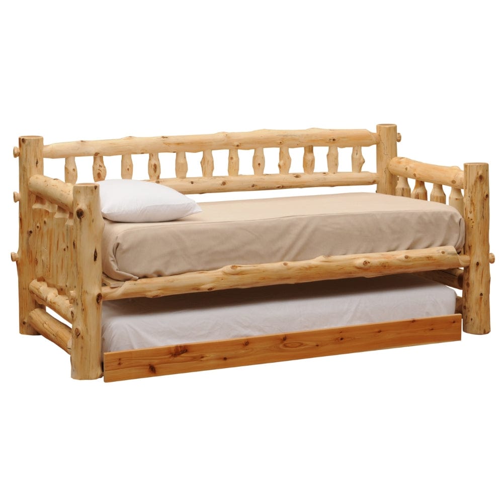 Handcrafted Cedar Log Day Bed with unique features, showcasing rustic charm and sturdy construction. Perfect for any space.