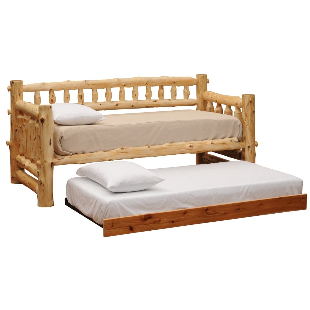 Handcrafted Cedar Log Day Bed with unique character, featuring sturdy mortise and tenon construction. Perfect for any home.