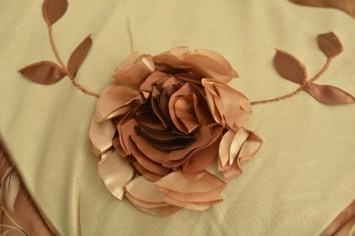Brown and beige floral comforter set with diamond pattern, stars, and ruffles.