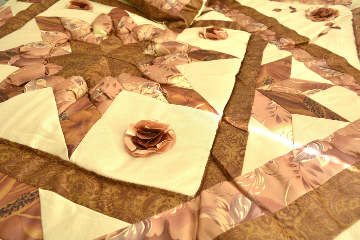 Brown and beige floral comforter set with diamond pattern, stars, and ruffles.