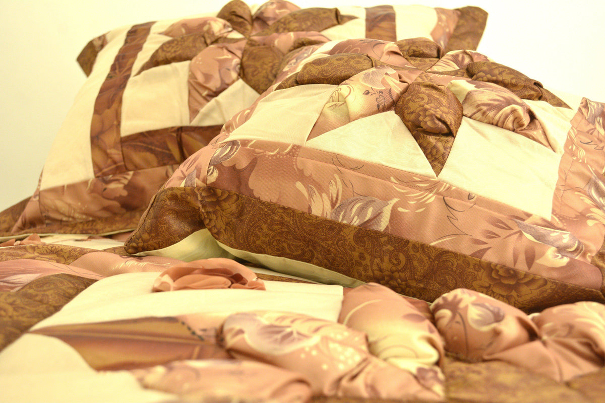 Brown and beige floral comforter set with diamond pattern, stars, and ruffles.