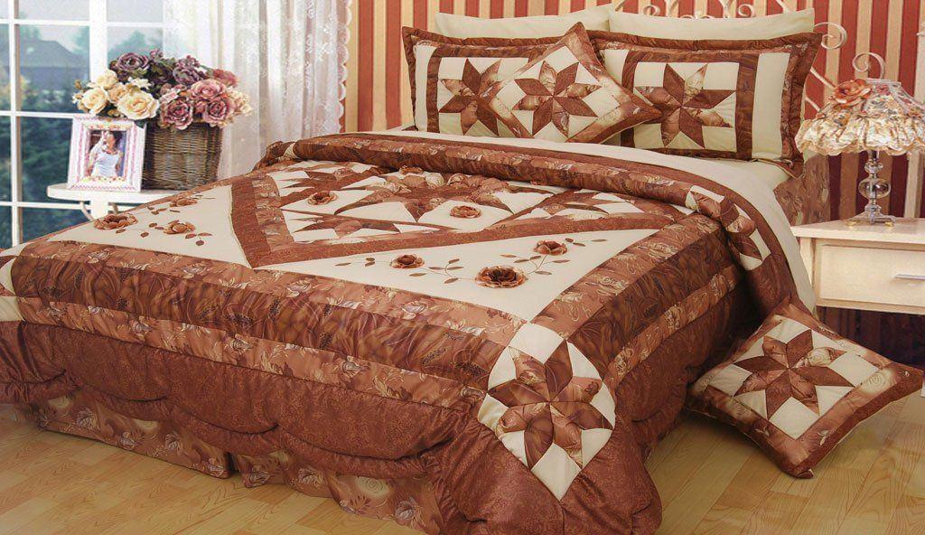 Brown and beige floral comforter set with diamond pattern, stars, and ruffles.