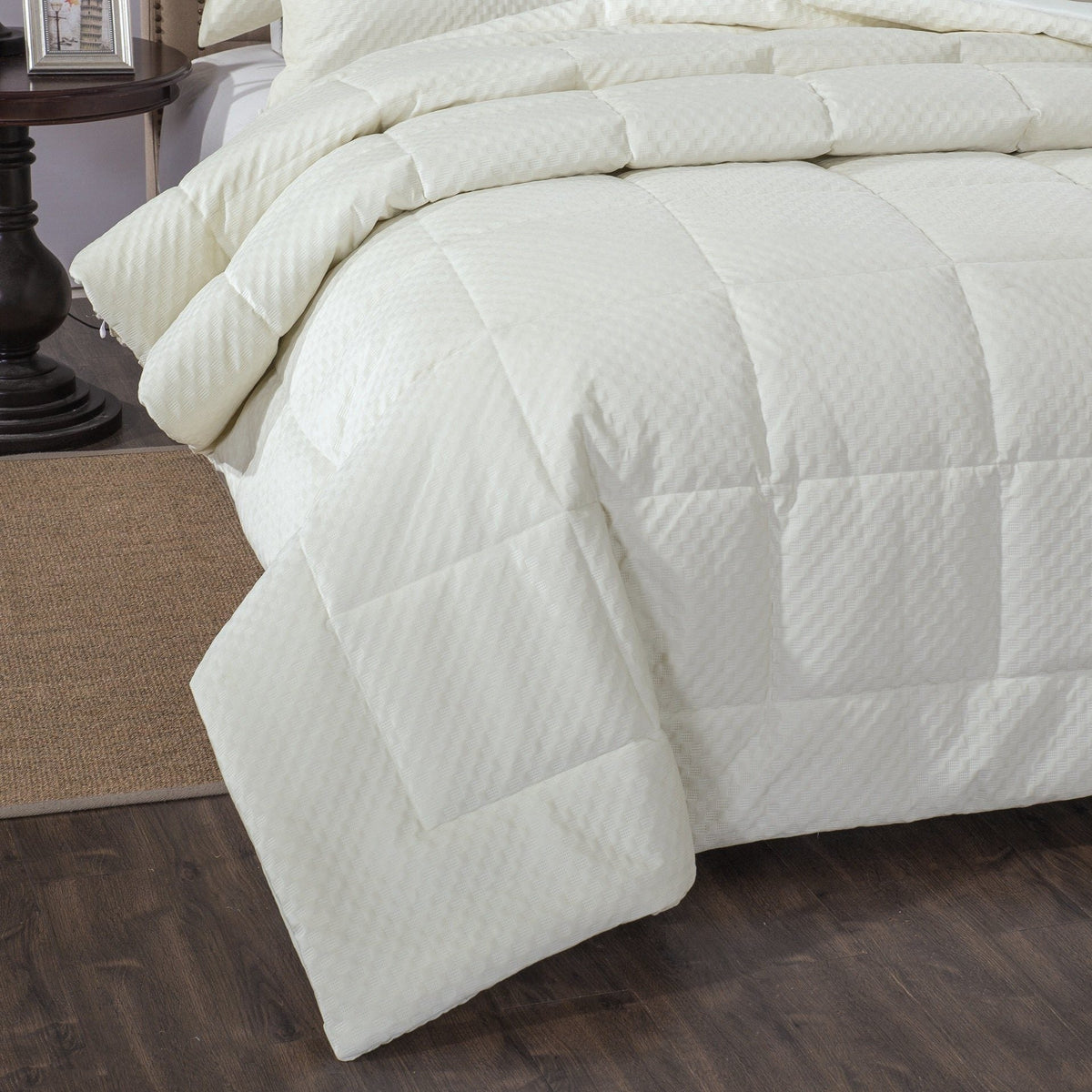 Ivory white velvet plush comforter set with velour, tufted quilting.