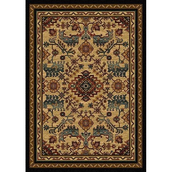 Southwest geometric area rug in turquoise and desert tones.