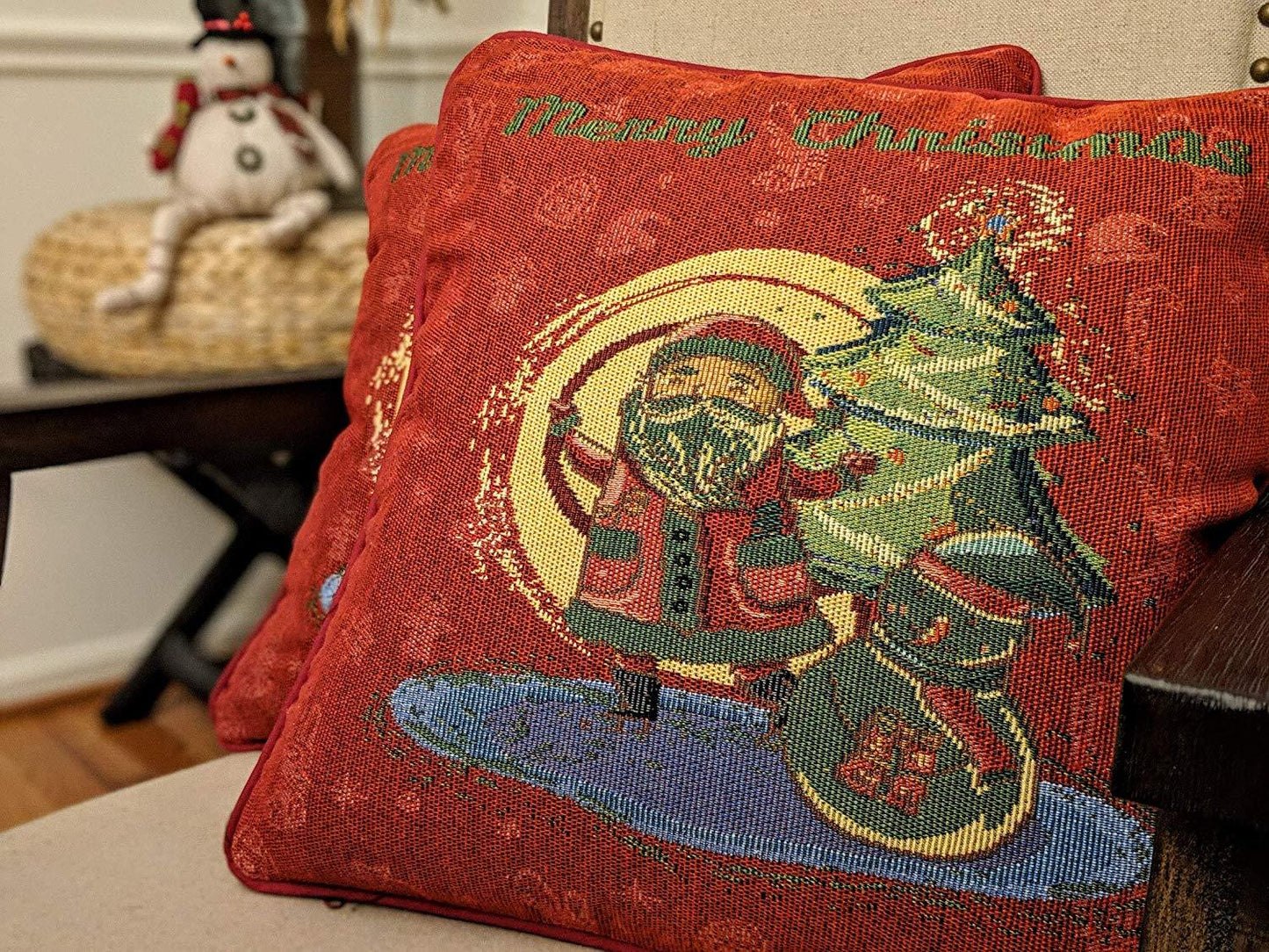 Red Santa Claus Christmas Woven Tapestry Throw Pillow Cover 16x16 Inches