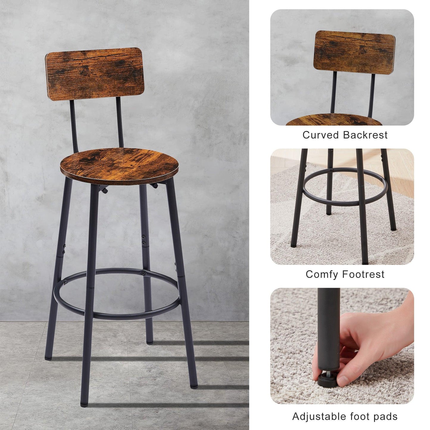 Rustic Brown Round Bar Stool Set with Circular Shelf and Backrest, 23.6'' Dia x 35.4'' H