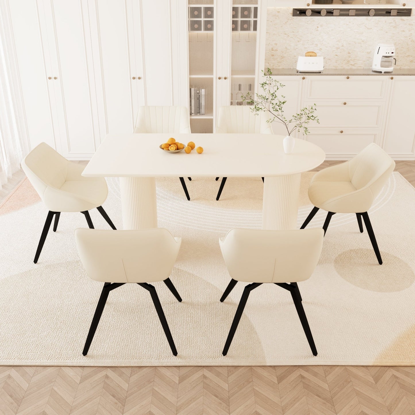 63" Elegant Cream MDF Dining Table with 6 Beige PU Dining Chairs and Black Metal Legs - Perfect for Kitchen & Home Use