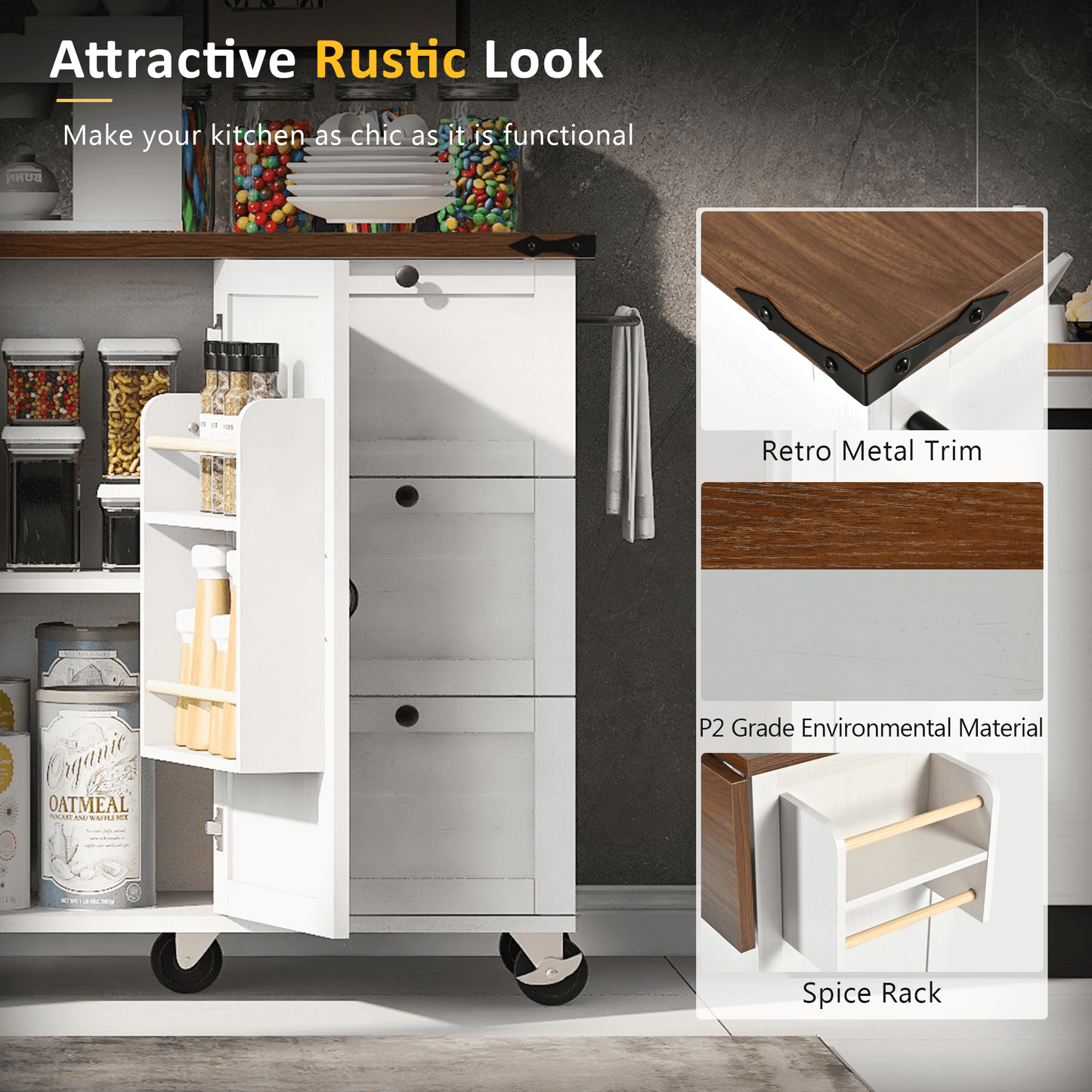 54.5" Rustic Farmhouse Kitchen Island with Power Outlet and Storage, Rolling Cart with Drop Leaf and Spice Rack, White Wood Finish