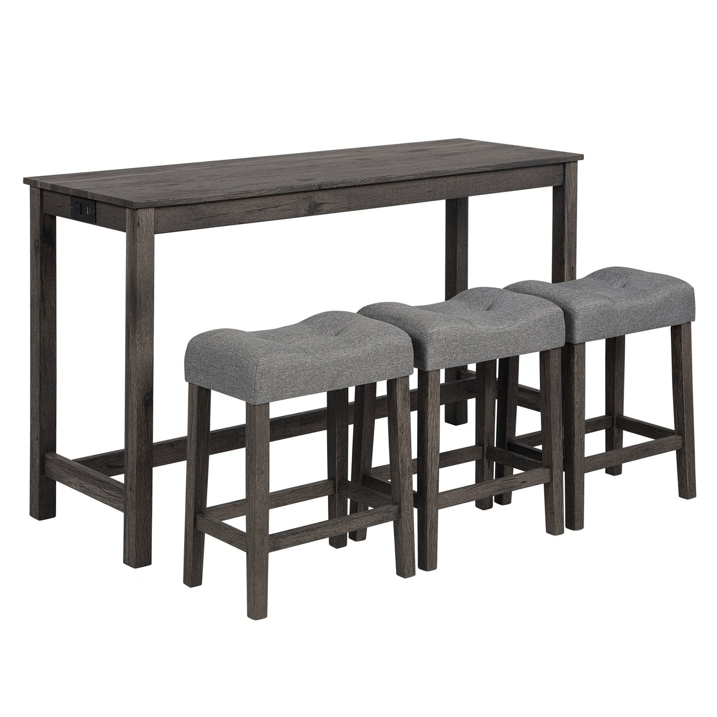 4 Piece Bar Table Set with Power Outlet Dark Gray Stools