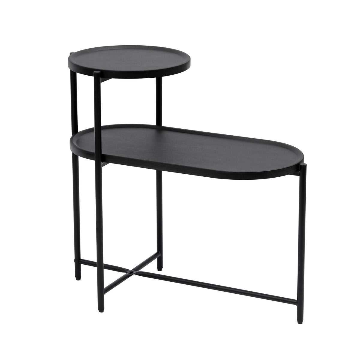 Two-tier round coffee table with storage tray and oval end tables.