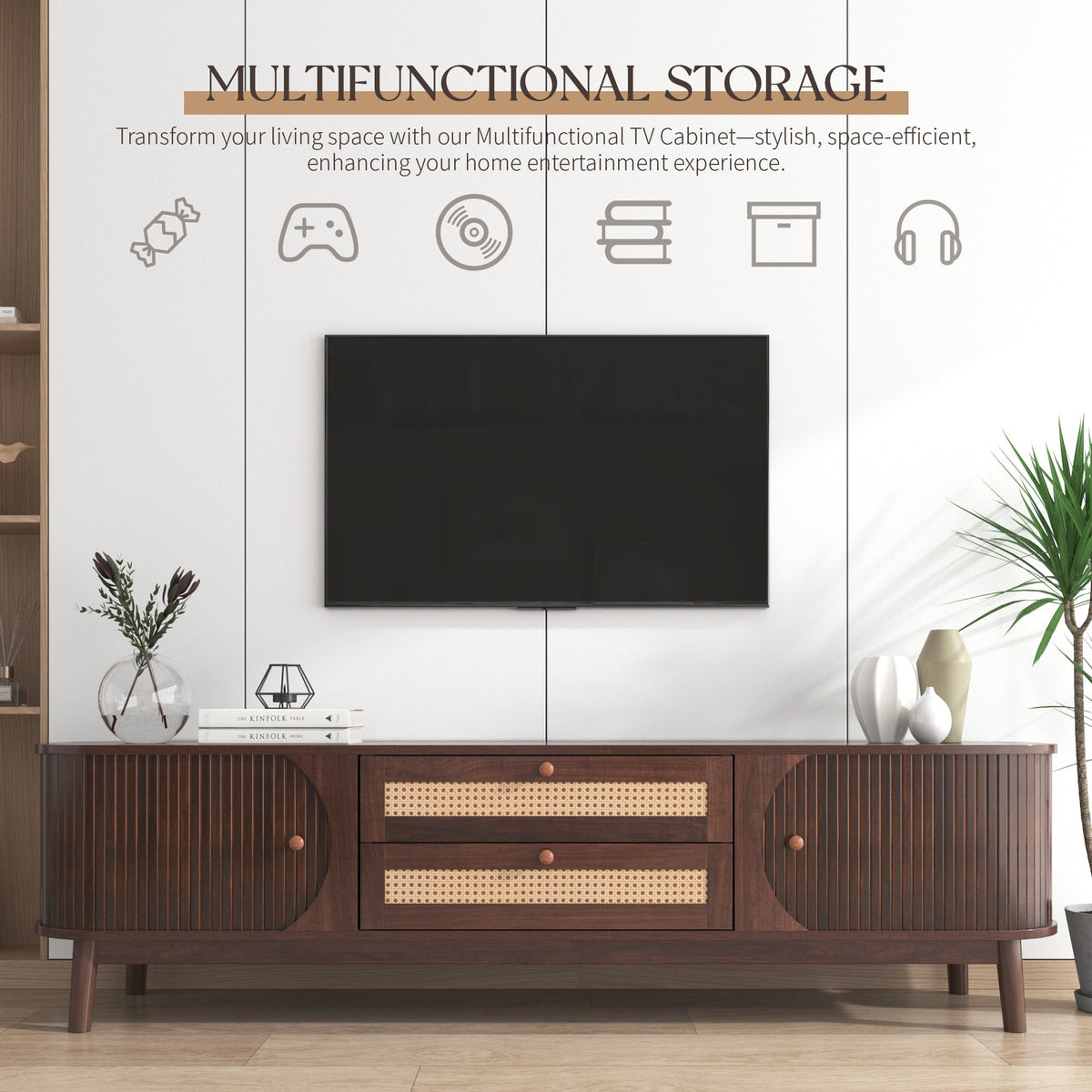 Modern farmhouse rattan TV stand with woven doors and black metal legs.