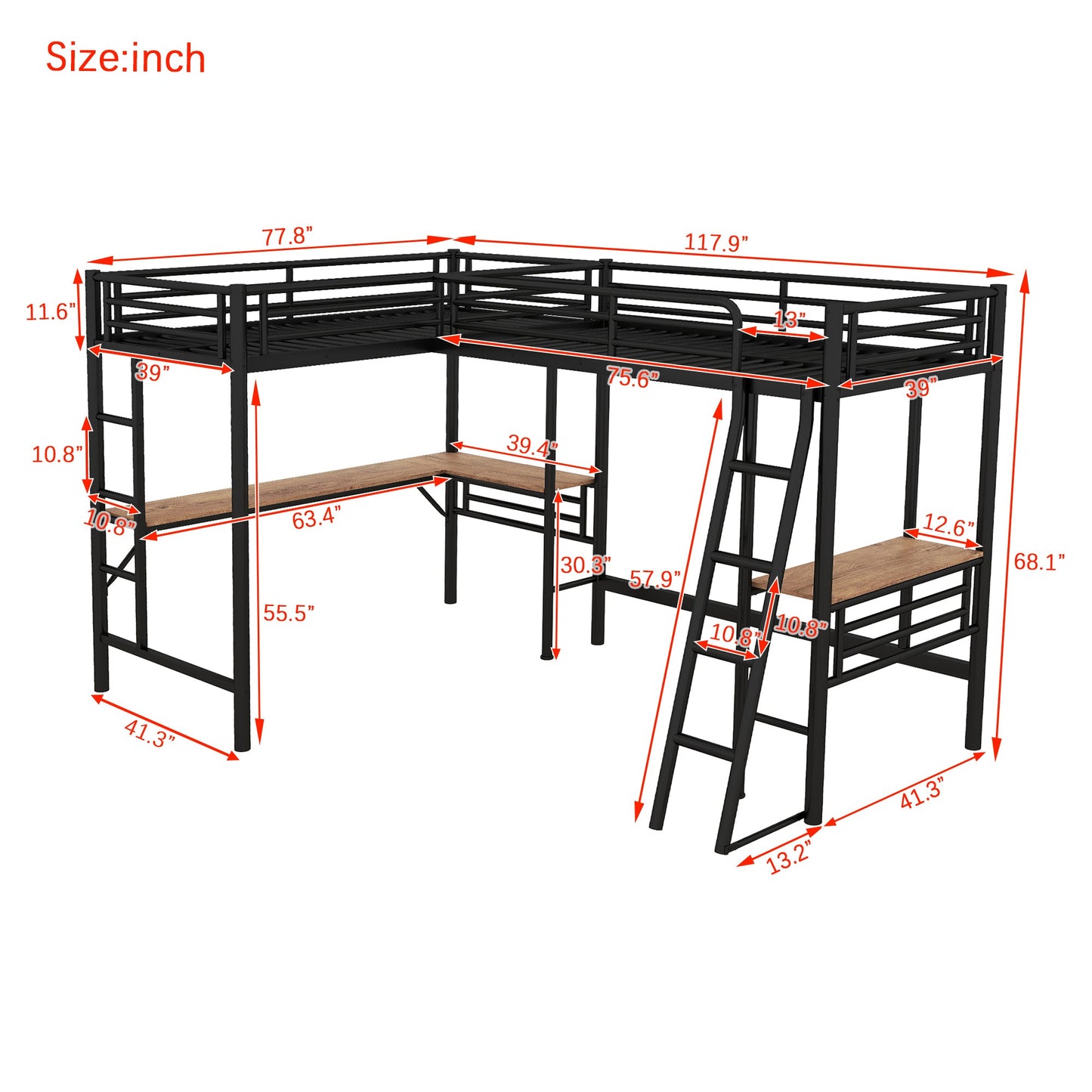 Twin Size Metal Loft Bed With Two Built-in Desks Black